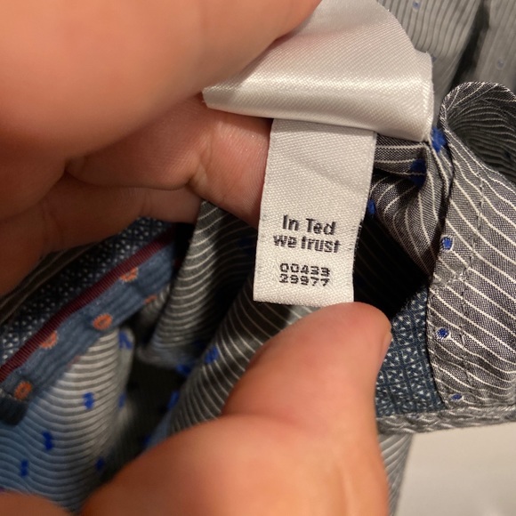 Ted Baker Gray Stripe Blue Dot Long Sleeve Button Up Flip Cuff Shirt Men 3 Small - Picture 6 of 7